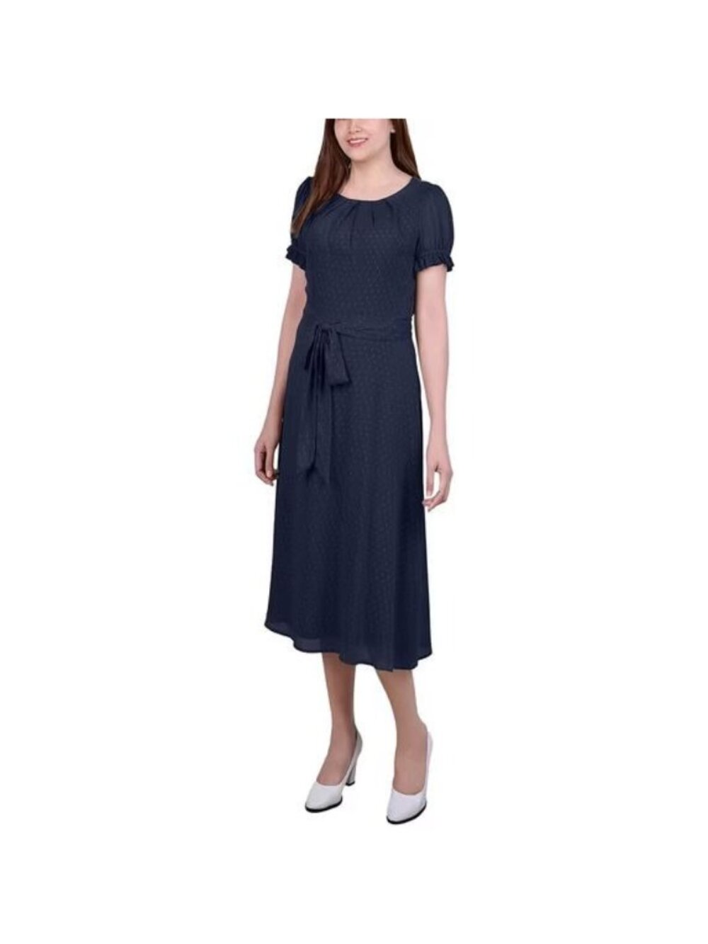 Ny Collection Womens Chiffon Knee-Length Swiss Dot MIDI Dress Blue Size PM NWT